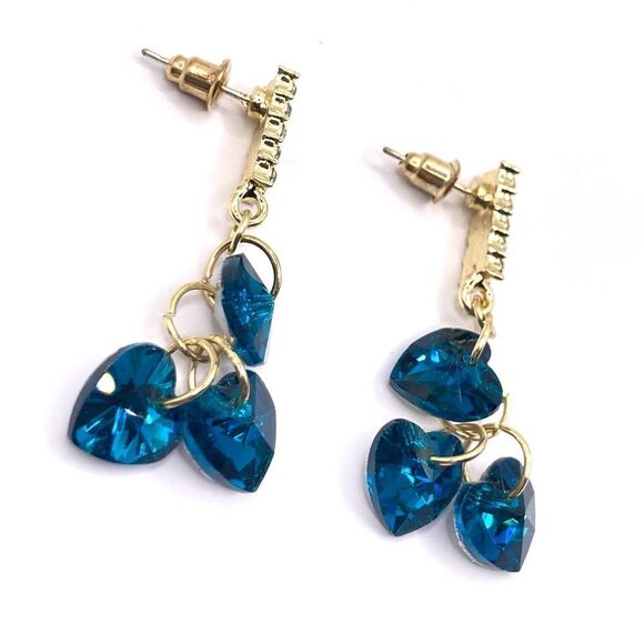 Gold Rhinestone Inlaid Heart Sterling Silver Post Drop Earrings - Picture 2 of 4